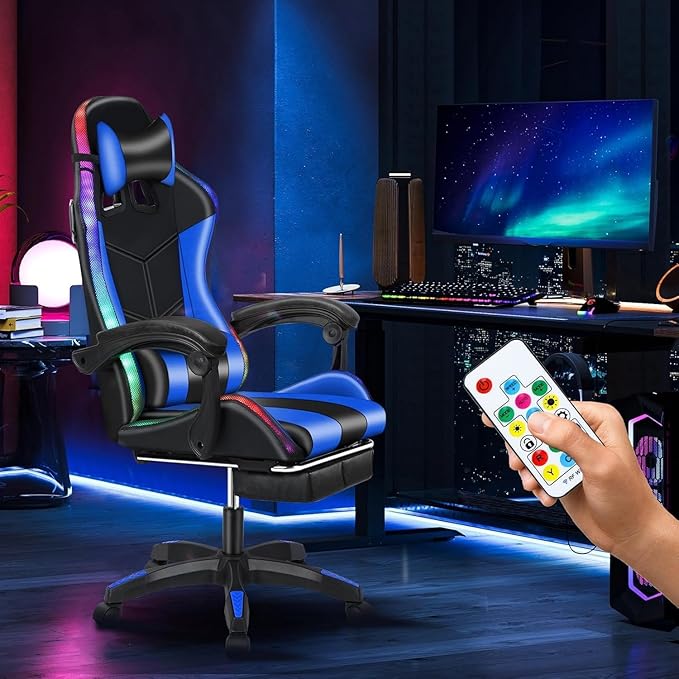 Gaming Chair with LED Lights Ergonomic Massage Computer Chair Video Game Chair Reclining Gaming Chairs with Footrest Chair Gaming High Back Music Video Chair with Lumbar Support (Blue2)