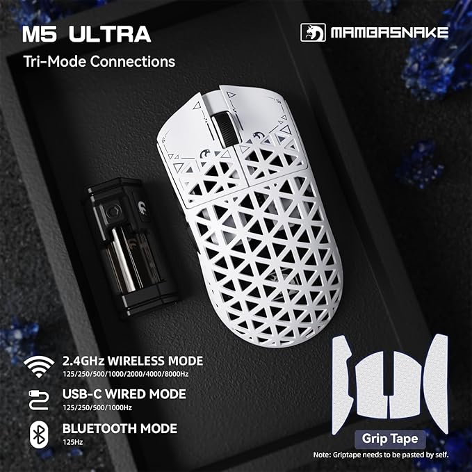 MAMBASNAKE M5 Ultra Carbon Fiber 8KHz Wireless Gaming MousePAW3950MAX Sensor 42K DPI39g Lightweight Tri-Mode 2.4GHz/BT/Wired Computer MiceWeb Driver Supportfor Win/Mac/FPS/MOBA/Esports-White (B)