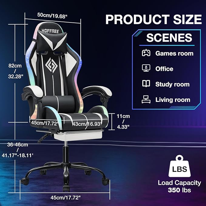 Gaming Chair with Speakers and Lights Ergonomic Computer Gaming Chair with Footrest LED RGB Lights Massage High Back Music Video Game Chair with Lumbar Support White and Black