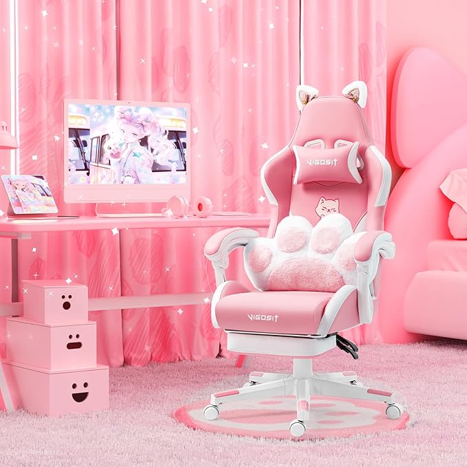 Cute Gaming Chair for Girl Ergonomic Cat Computer Chair with Armrests High Back Video Game Chairs with Footrest and Massage Lumbar Support for Teen &amp Woman Adjustable Height (Pink)