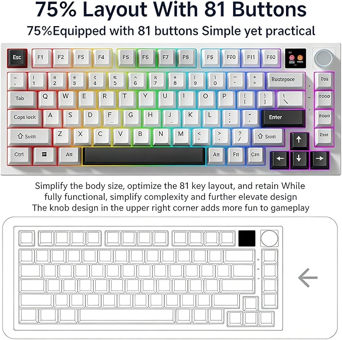 FKZ K75 Mechanical Keyboard with Knob Screen75% Hot Swap Tri-Mode Bluetooth 5.0/2.4G Wireless/Type-C Wired RGB Gaming Keyboard PCB Gasket Mount Custom Creamy Blue&ampWhite Keyboard