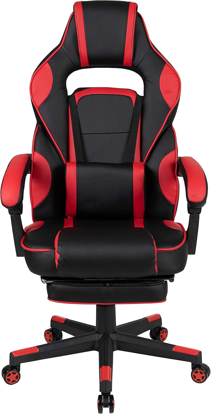EMMA + OLIVER Red Ergonomic Gaming Chair - Reclining Back/Arms Footrest Massaging Lumbar