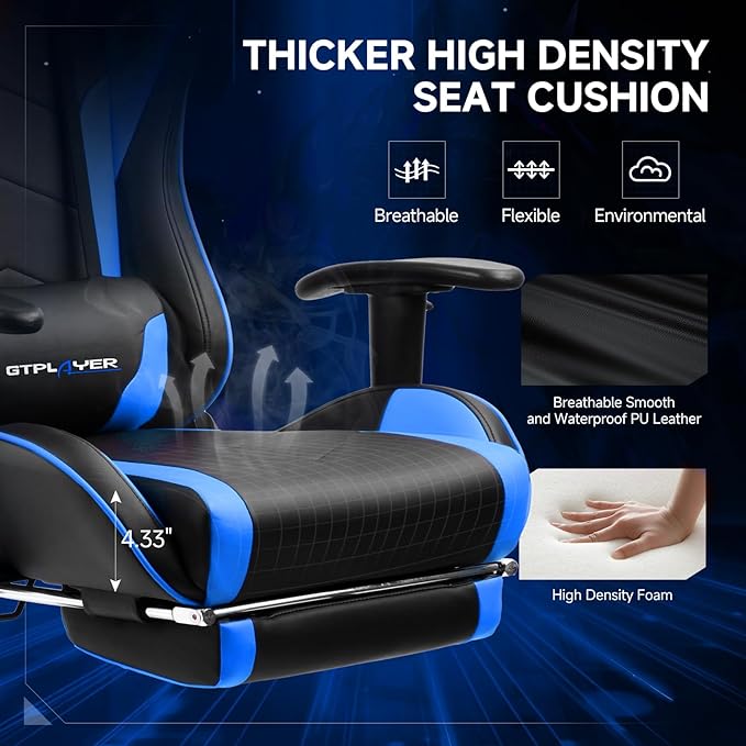GTPLAYER Gaming ChairGamer Chair with Bluetooth and Adjustable BackrestSeat Height Adjustable Computer Chairs with 3D ArmrestsVideo Game Chair with Footrest Speakers (Blue)