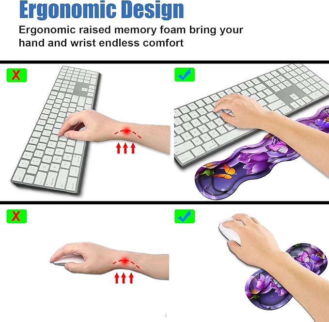 4 in 1 Ergonomic Memory Foam Mouse Pad Wrist Rest Set Large XXL Gaming Desk Pad + Keyboard Wrist Rest + Mouse Wrist Cushion + Coaster for Home Office Study Gaming Purple Flowers and Butterfly
