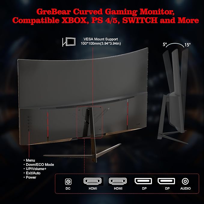 27 Inch Gaming Curved Monitor 1440P 180HZ 2K Professional PC Display QHD 2560x1440p Home Office Computer Screen HDMI DP AdaptiveSync 1500R Tilt Adjustable Build-in Speaker 100x100mm VESA