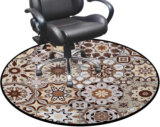 Beige Dark Brown Pale Brown Gaming Chair Mat Round Floor Mats for Office Chair Computer Gaming Desk Mat for Rolling Chair Non-Slip Gaming Rug Retro Old Fashioned Tile Diameter 39.4 in