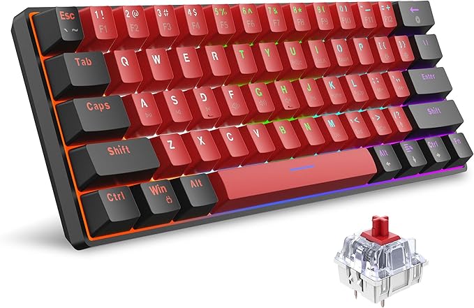 Snpurdiri 60% Wired Mechanical Keyboard Mini Gaming Keyboard with 61 Keys for PC Windows XP Win 7 Win 10 (Black-Red Red Switches)