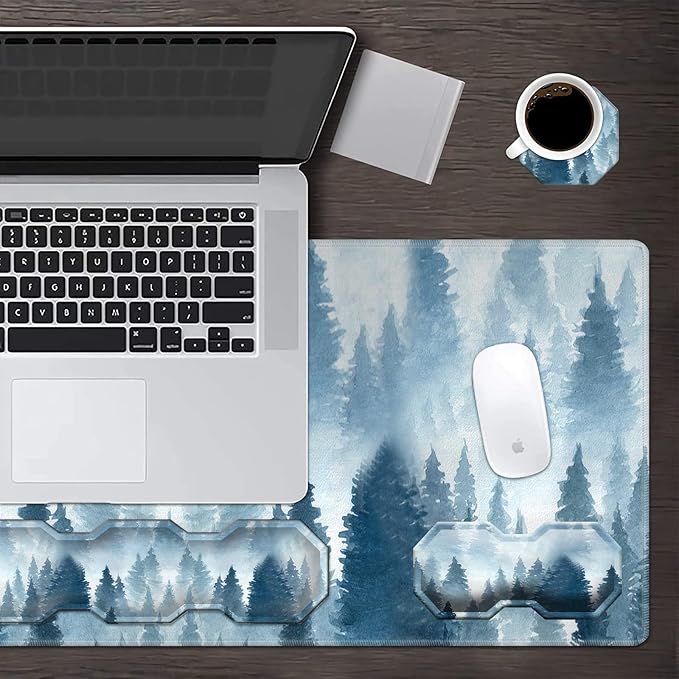 Large Gaming Mouse Pad + Keyboard Wrist Rest + Mouse Wrist Rest Support Set+ Coaster Ergonomic Memory Foam Multifunctional Desk Mat 4pcs for Computer Home &amp OfficeForest Tree