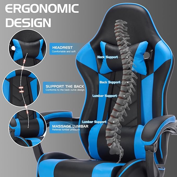 Leather Ergonomic Gaming Chair with Footrest Comfy Blue Gaming Chair with Comfortable Headrest &amp Lumbar Support for Adults Women Men Boys Kids 300 LBS Capacity (Black+Blue)