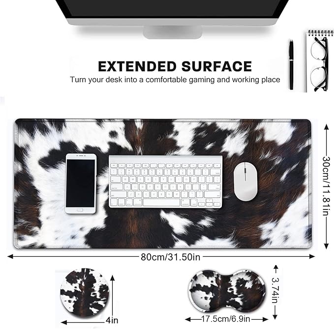 Large Gaming Mouse Pad Extended Waterproof Desk Pad Protector (31.5 x 11.8) Ergonomics Memory Foam Mouse Wrist Rest Support for Home Office Laptop Easy Typing Black &amp White Cowhide Fur Mouse