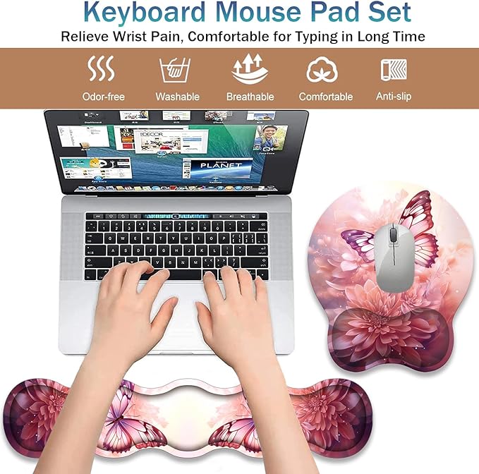 Ergonomic Keyboard Wrist Support Pad and Wrist Support Mouse Pad Anti-Slip with Gel Memory Mouse Pad Set Suitable for Office Use/Home Use - Pink Butterfly Flower