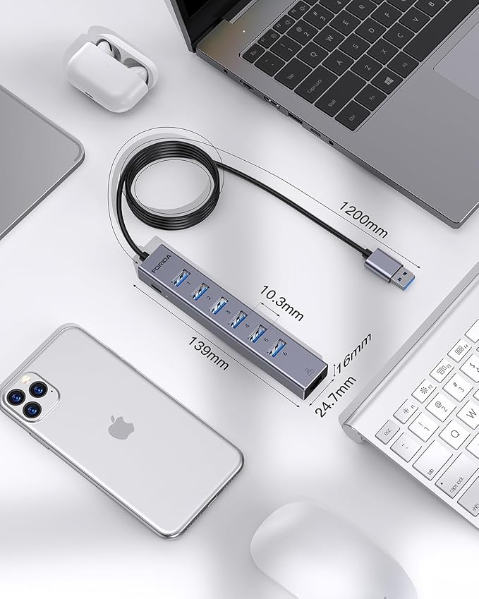 FORIDA Aluminum USB to Ethernet Adapter with 7-Port USB Hub – 3.9ft Long Cable Gigabit Ethernet Port 5V/3A Power Port | USB Extender Compatible with Windows macOS Linux &amp More