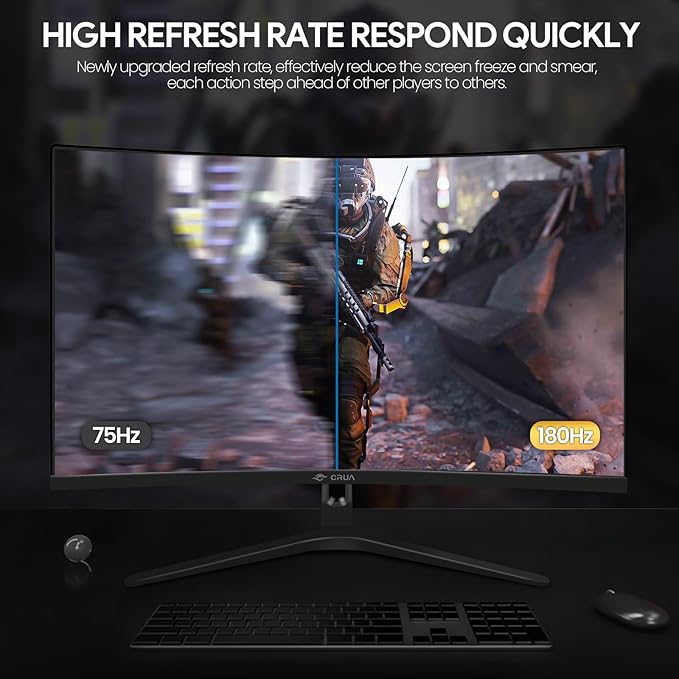 CRUA 27 Curved Gaming Monitor FHD 1920x1080P 144Hz/180Hz Computer Monitor 1800R VA Screen 120% sRGB AMD FreeSync HDMI &amp DP Wall Mount Install- Black