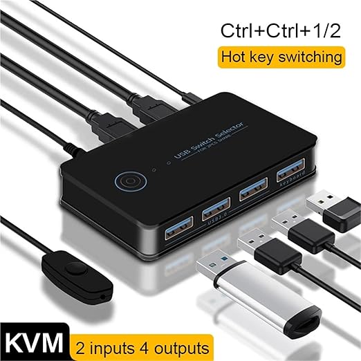 KVM USB 3.0 Switch Hotkey Switcher 2 in 4 Out USB Hub Shortcut Key Switch for Keyboard Mouse Printer Shared Controller USB KVM(Hot Key USB3.0)