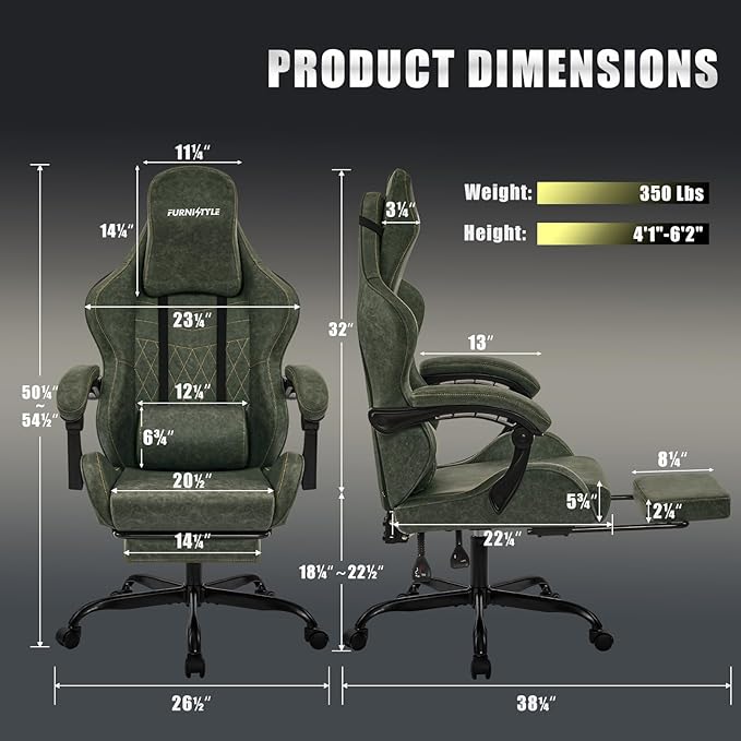 Gaming Chair Big and Tall Green Leather Video Game Chairs with Footrest Padded Linkage Armrests &amp Large Headrest Ergonomic Computer Chair 350lbs for Adults Gaming or Office Use