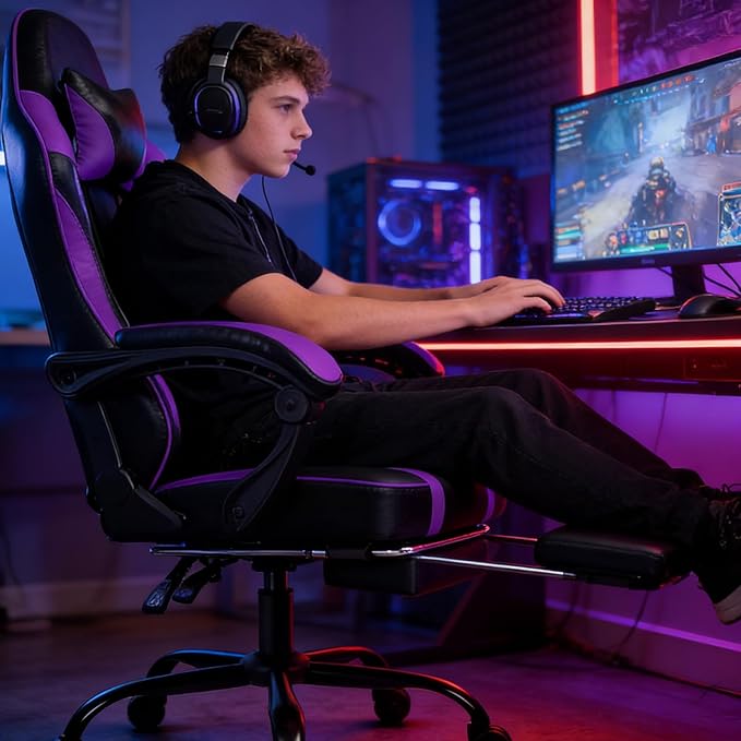 Gaming Chair Ergonomic Office Chair with Linkage Armrests High Back Computer Desk Chair with Retractable Footrest &amp Adjustable Headrest 350 lbs Capacity (Purple)
