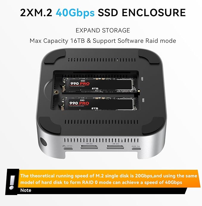 ACASIS 40Gbps Mac mini M4 Dock &amp Stand with Dual-Bay NVMe SSD Enclosure Aluminum DP Hub for Mac mini M4 and M4 Pro 2024 4K60Hz DP 3X10G USB A PD 30W SD/TF 4.0 Support Dual SSD B+M M-Key