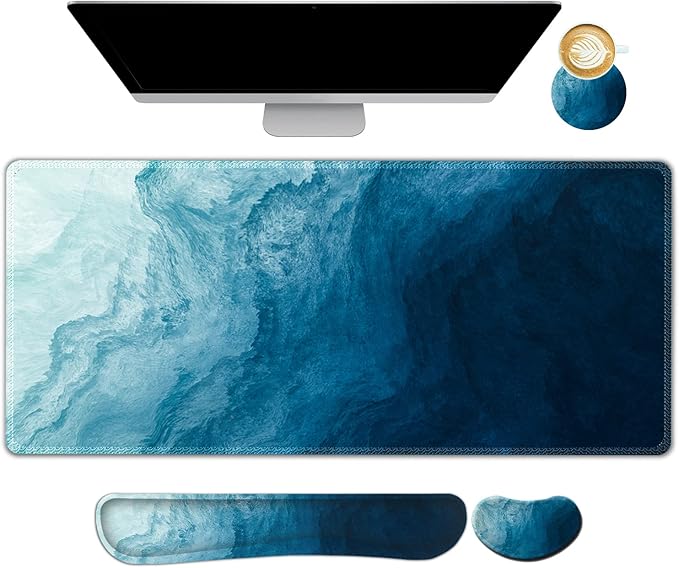 AIMSA Large Gaming Mouse Pad Set Keyboard Wrist Rest Support + Extended Mouse Pad + Mouse Wrist Cushion + Coaster Ergonomic Memory Foam Multifunctional Desk Mat 35x15.7inch (Dark Blue Waves)