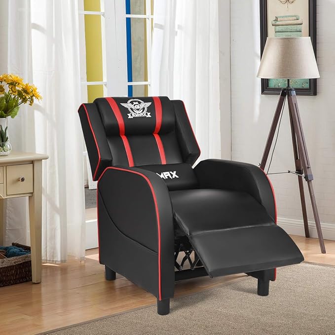 POWERSTONE Gaming Recliner Chair Reclining Gaming Chairs for Adults Ergonomic Leather Sofa with Footrest Lumbar Support Headrest and Side Pouch for Living Room Home Theater Red