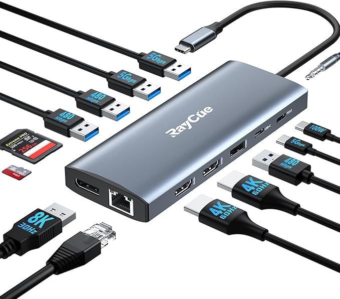 14 in 1 Triple 4K Display USB C Docking Station Single DisplayPort Up to 8K@30Hz/ 4K@144Hz/ 4k@120Hz USB C Hub Multiport Adapter Dongle with 2 HDMI 7 USB Ports 100W PD Ethernet Audio