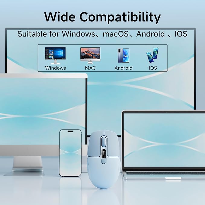 EWEADN Q1 Wireless Mouse BT &amp 2.4G Silent Mouse Quiet Click with 1600 DPI Levels Battery &amp DPI LED Screen Display 6 Button Small Portable Bluetooth Mouse for Laptop/PC/Mac-Blue