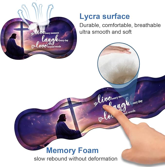 4 in 1 Ergonomic Memory Foam Mouse Pad Wrist Rest Set Large Gaming Desk Pad + Keyboard Wrist Rest + Mouse Wrist Cushion + Coaster for Home Office Study Gaming Christian Cross Quote Live Laugh Love