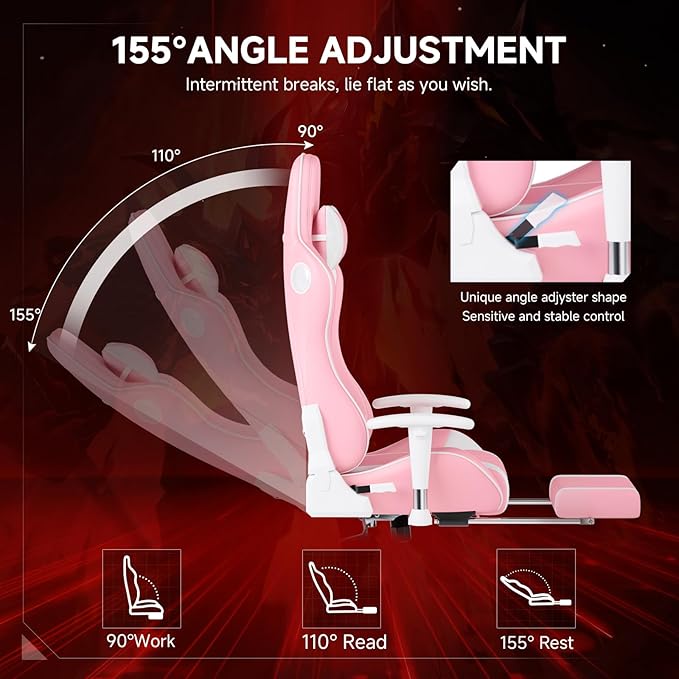 GTPLAYER Gaming ChairGamer Chair with Bluetooth and Adjustable BackrestSeat Height Adjustable Computer Chairs with 3D ArmrestsVideo Game Chair with Footrest Speakers (Pink)