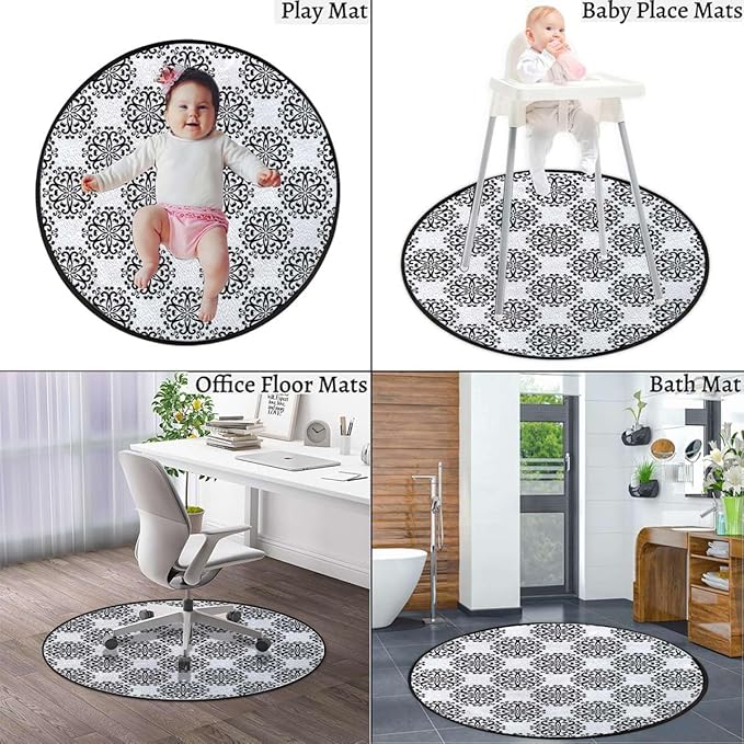 Grey White Gaming Chair Mat Office Chair Mat for Carpeted Round Area Rug Swivel Chair Mats for Hardwood Floor Tree with Leaves Inside Circles Monochrome Diameter 35.4 in