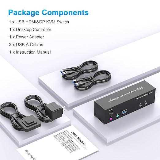 4K KVM Switch 3 Monitors 2 Computers Triple Monitor Displayport 2HDMI USB 3.0 KVM Switches 4K@60HzSupport Extended/Mirror Mode Share 3 USB 3.0 Ports with EDID Adaptive 2*USB Cables and Controller
