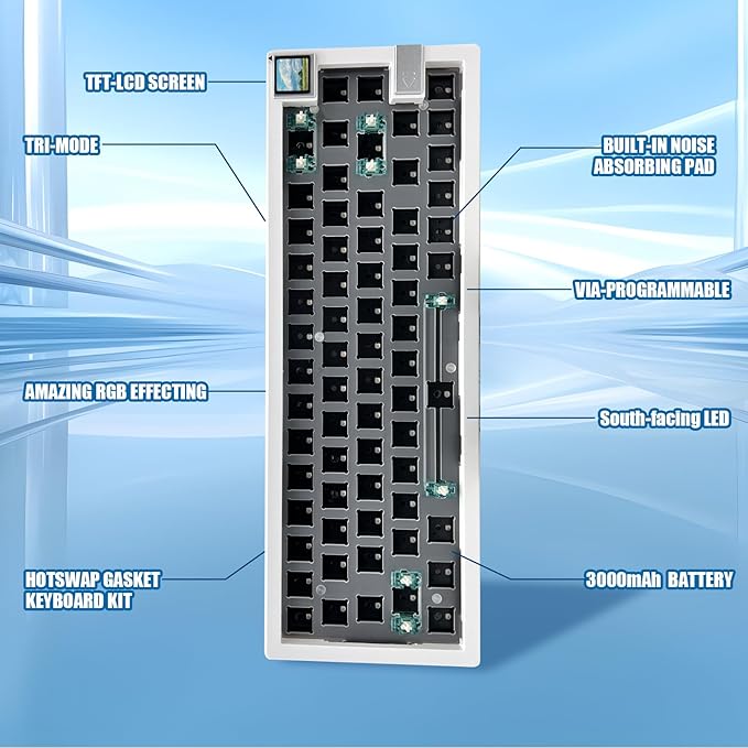 GMK67S Keyboard Barebones Kit65% Gasket Mount Hot Swap PCB Tri-Mode BT5.0/2.4G/Type-C Wireless Mechanical Keyboard with TFT-LCD Screen VIA Programmable Custom RGB Gaming Keybaord DIY Kit (White)