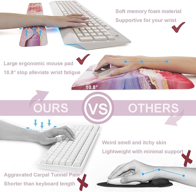 Ospelelf Ergonomic Mouse Pad and Keyboard Wrist Rest Support Wrist Rest for Computer Keyboard Office Gaming Pink