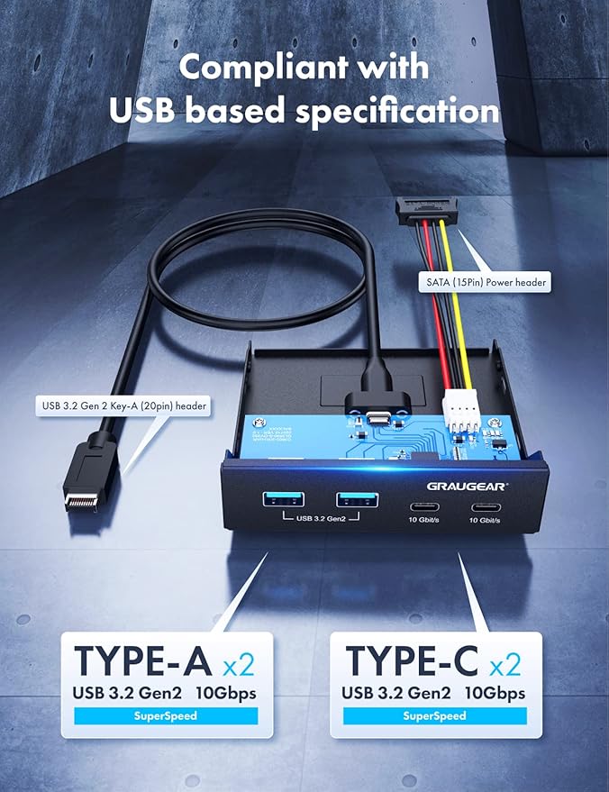 GRAUGEAR 3.5 Inch Front Panel Hub 4 Ports Internal Metal USB Hub 2X USB-C 10Gbps and 2X USB 3.2 Gen 2 Ports USB3.2 Type-E Key-A 20-Pin Header &amp 15-Pin SATA Power Connector Required [G-MP02]