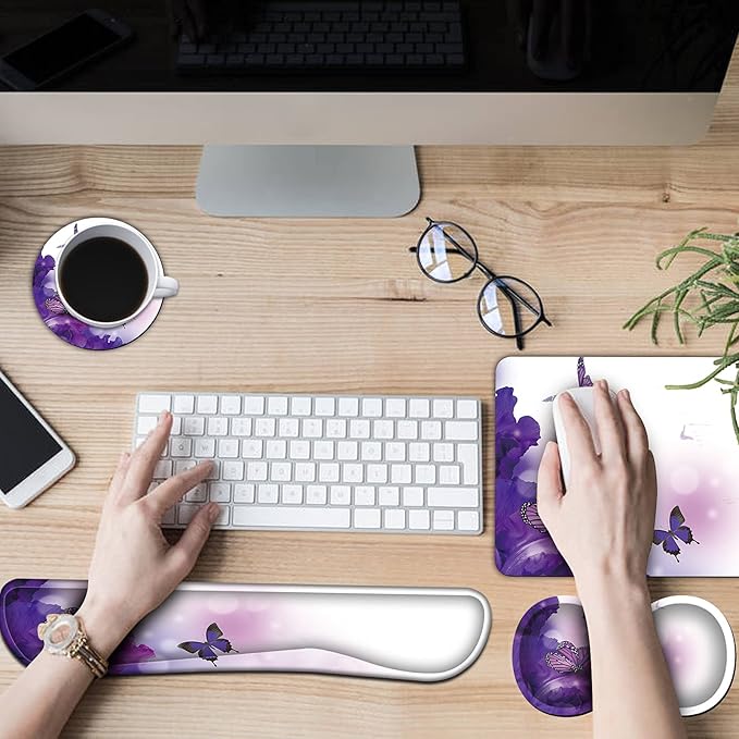 Keyboard Wrist Rest + Mouse Pad + Mouse Wrist Rest Support Set + Coaster Ergonomic Memory Foam Mouse and Keyboard Pad Set for Laptop Computer Office Home Working Gaming Purple Butterfly
