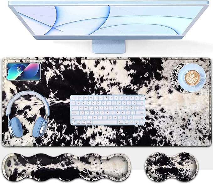 Desk Pad Keyboard Mouse Pad Set Extended Gaming Mouse Pad+ Ergonomics Memory Foam Wrist Rest Support 31.5x15.7in Large Mouse Pad with Stitched Edges Cute Black White Cowhide Fur XXL Mouse Mat