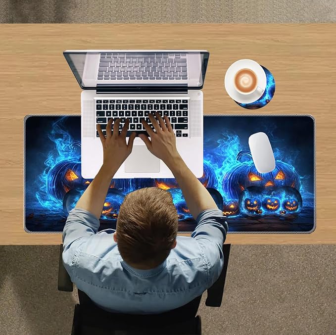Large Mouse Pad Wrist Support SetDesk Pad+Keyboard Wrist Rest+Mouse Pad Wrist Support+Coaster4in1 XXL Big MousepadErgonomic Design Gaming Mat for Home Office TableHalloween Pumpkin