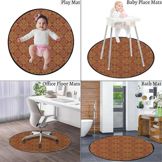 Vermilion Orange Marble Round Area Rug Throw Rugs Soft Washable Small Round Floor Mats for Bedroom Living Room Victorian Old Fashioned Traditional Diameter 47.2 in