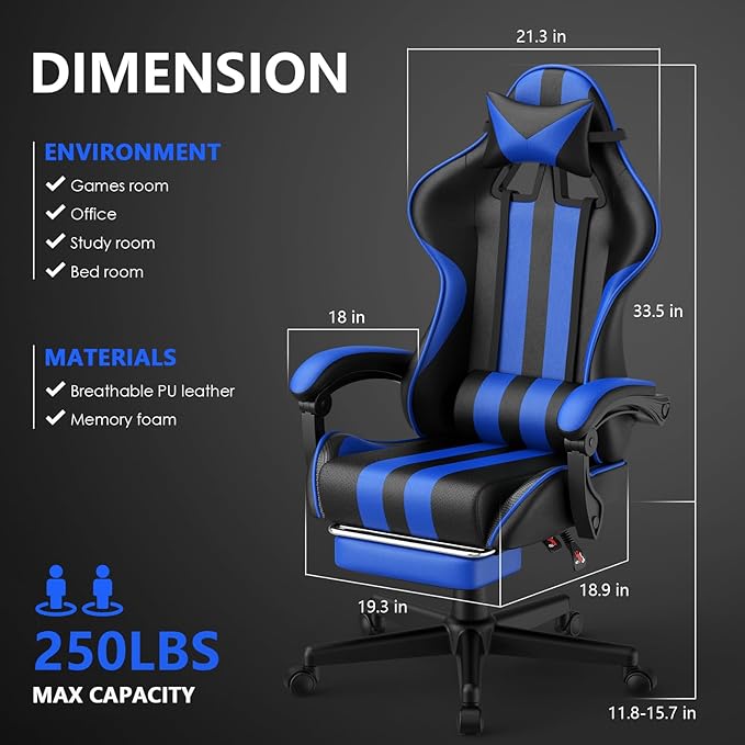 Huracan Gaming Chair with Footrest Adjustable Video Game Computer Chairs for Adults Reclining Backrest Office Desk Chair with Headrest and Lumba Pillow Blue