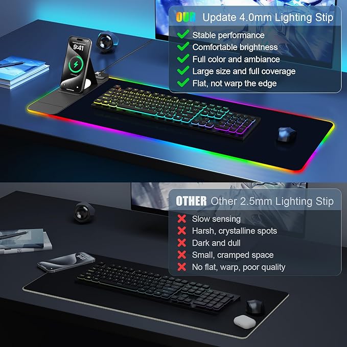 RGB Mouse Pad with Foldable Phone Stand &amp Wireless Charger 31.5x11.8 XL Gaming Mousepad Large Desk Mat Desk Pad with Dual Charging for Phone &amp AirPods | 11 Colors &amp 5 Modes | Waterproo