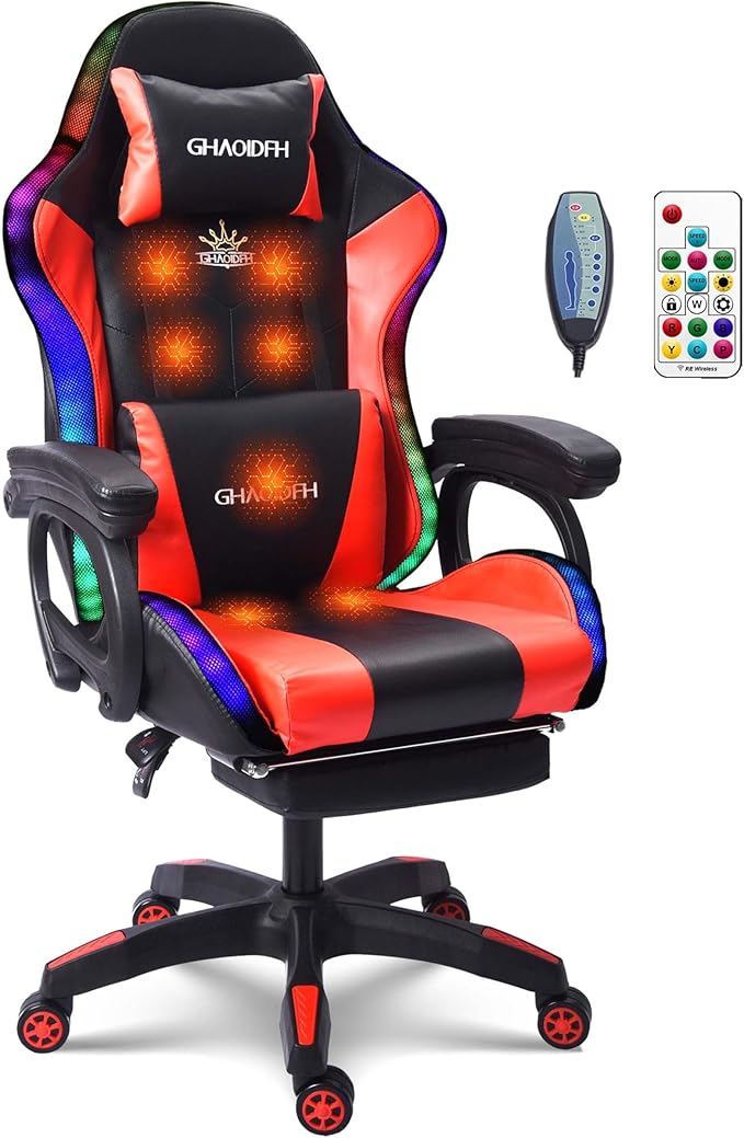 Massage Gaming Chair with Speakers and LED Light Ergonomic Computer Gaming Chair with Footrest and Adjustable Lumbar Support PU Leather 90°-135° Racing Video Gaming Chair.Red