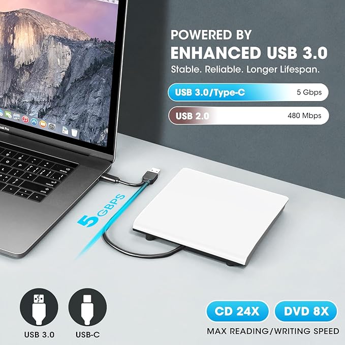 ROOFULL External CD DVD Drive for Mac Laptop USB 3.0 &amp USB-C Portable CD Reader Writer Burner DVD Player ROM+/-RW Disc Drive with Carrying Case for Apple MacBook Windows 11 PC Computer White