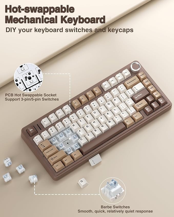 AULA F75 75% Wireless Mechanical Keyboard Hot Swappable Creamy Keyboard Pre-lubed Linear Switches 2.4GHz/Type-C/BT5.0 RGB Backlit Gaming Keyboards(White&ampBrown)