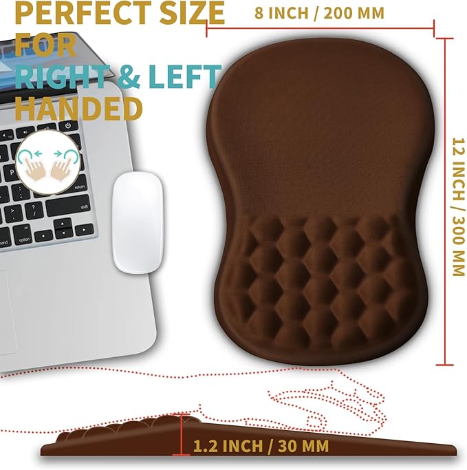 Hokafenle Ergonomic Mouse Pad Wrist Support with Massage Design Wrist Rest Pain Relief Mousepad with Memory Foam&ampNon-Slip PU Base Mouse Pads for Wireless Mouse &amp Desk (12x8 inchBrown)