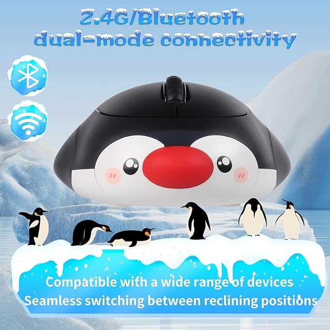 Cute Penguin Bluetooth Wireless Mouse -RechargeableDual Mode Connection Silent Scroll Wheel 1600 DPI - Perfect for Laptops PCs and Tablets (Black)