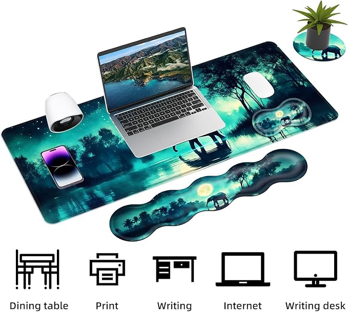 Keyboard Mouse Pad Set Extended Gaming Mouse Pad+Ergonomics Keyboard Wrist Rest Support Memory Foam Easy Typing Pain Relief 4Pcs XL Ultra Thick Desk MatMoonlit Elephant in Water