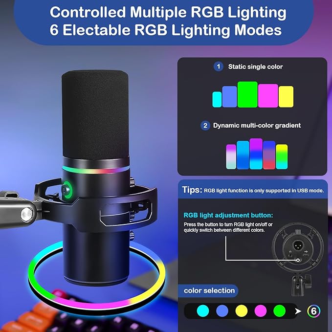 XLR USB Dynamic Microphone with RGB Light Volume Control Mute Button 3.5mm Headphone Jack. Compatible with Mixers Sound Cards PC MAC PS4 PS5 (Microphone with Boom Arm)