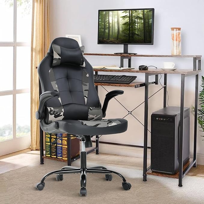 Office Chair PC Gaming Chair High Back Computer Chair with Lumbar Support&amp Headrest Racing Executive Ergonomic Adjustable Swivel Task Chair PU Leather Desk Chair for Home Camo