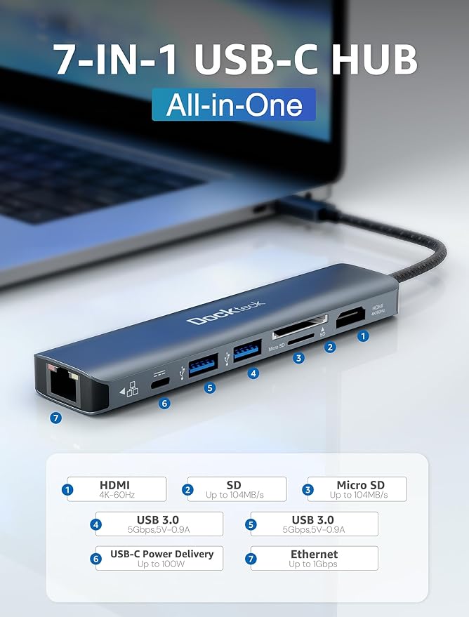 dockteck 7-in-1 USB C Hub with 4K 60Hz HDMI 1Gbps Ethernet 100W Power Delivery SD/TF Card Slots USB 3.0 Data Ports for MacBook iPad Pro XPS
