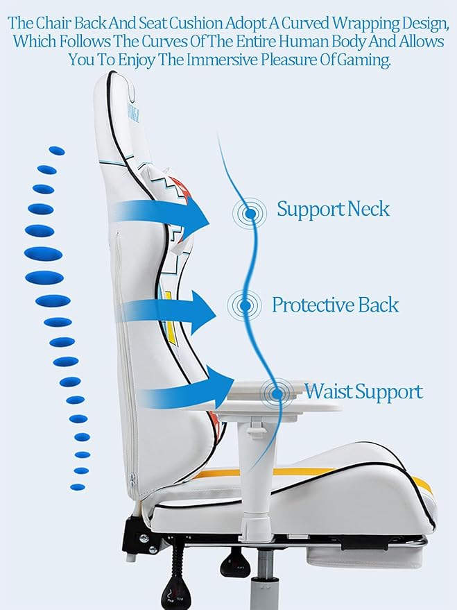 JSWHYBD Ergonomic Gaming Chair Recliner Adjustable Desk Chair Comfortable Hight Leather Swivel Computer Chair with 360°for Adult Teen Office Or Gaming Big and Tall Nofootrest White