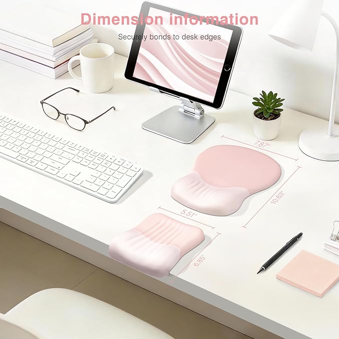 Ospelelf Mouse Pad with Wrist Rest Set Foam L-Shaped Desk Elbow Pad Ergonomic Desk Edge Cushion Anti-Slip Rubber Bottom Office Women Desk Accessories for Computer Laptop and Gaming Pink