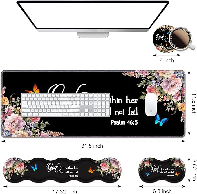 Ergonomic Keyboard Wrist Rest &amp Mouse Pad Wrist Rest Set Large XXL Gaming Desk Mat 31.5x 11.8 with Memory Foam Easy Typing Pain Relief for Office &amp Home Floral Quote Bible Verse Psalm 46: